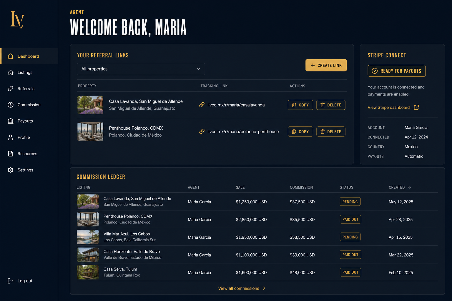 Sample ProjectIQ agent dashboard showing referral links, commission ledger, and Stripe Connect payouts